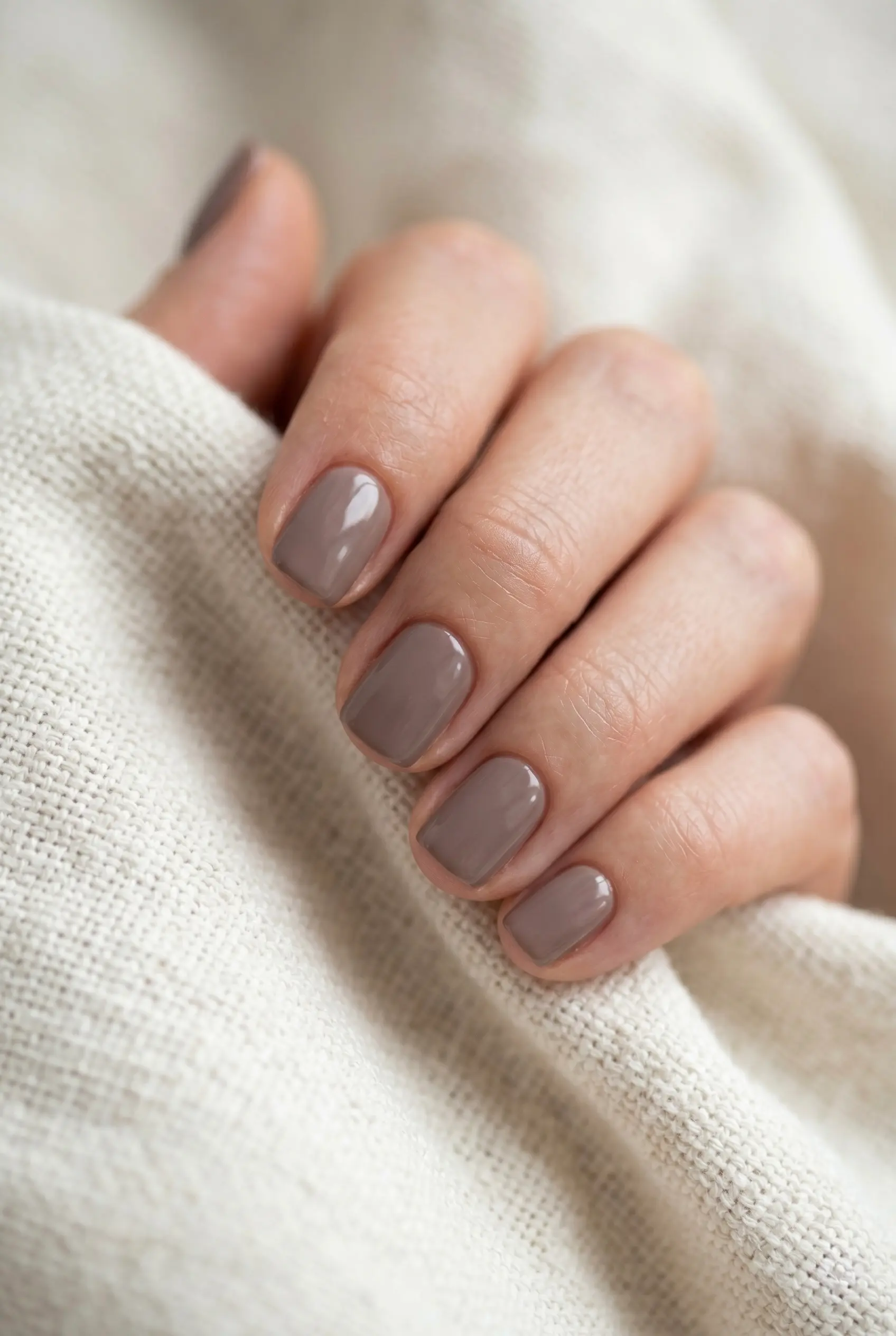 Alt Text: Neat short squoval nails painted in a dusty taupe-brown shade resting on soft cream woven fabric.