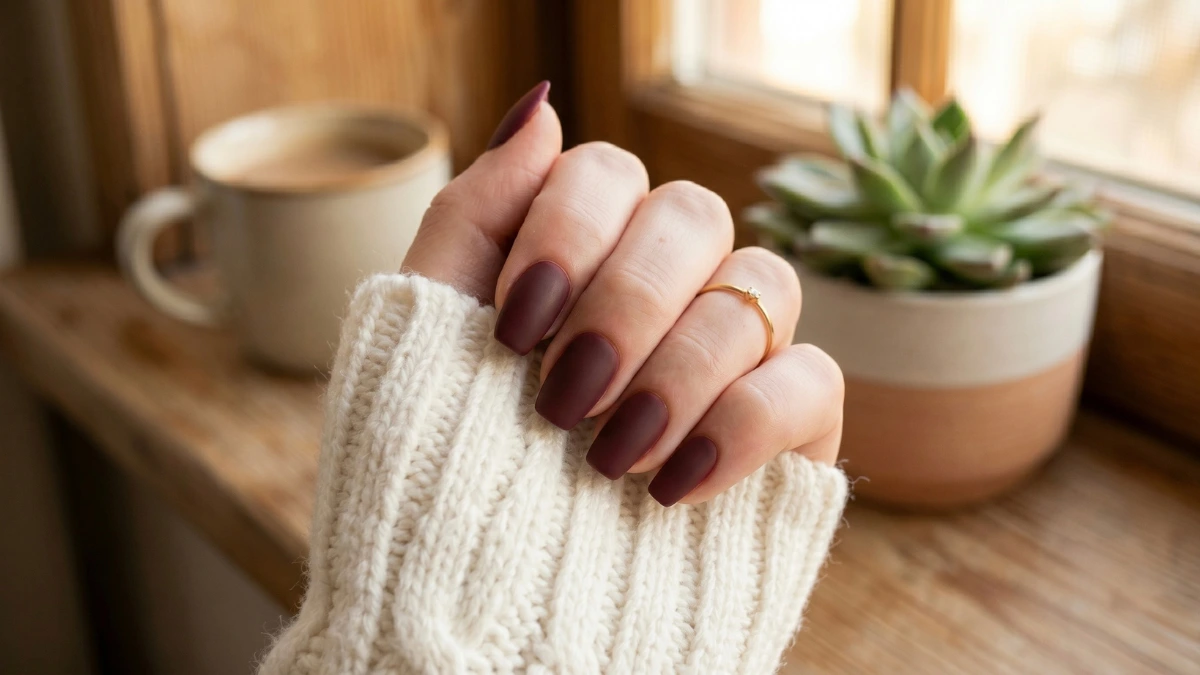 A well-manicured hand with short matte burgundy coffin nails resting on a white knit sweater near a coffee cup.