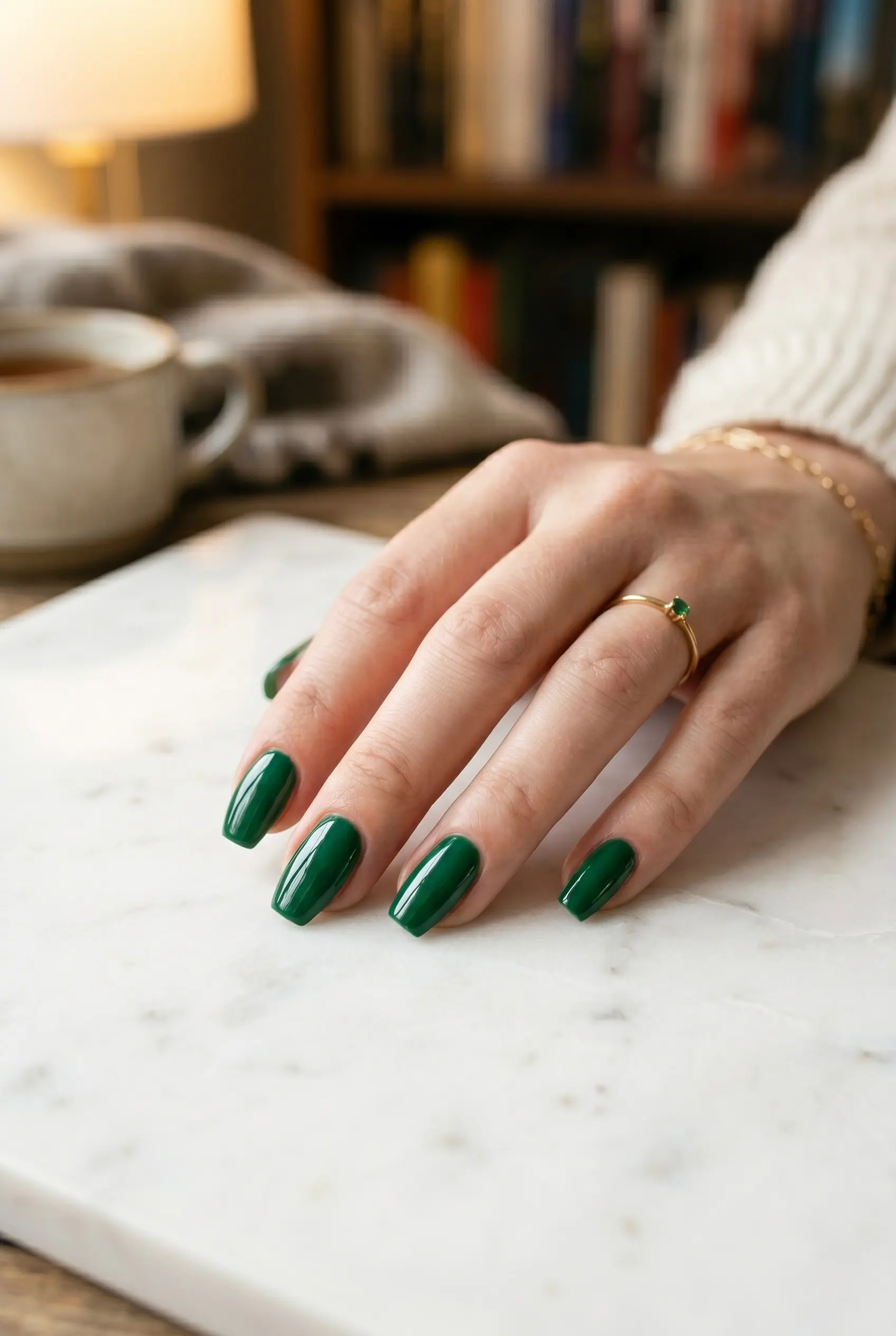 Glossy deep forest green polish on short coffin shaped nails resting on a white marble surface.