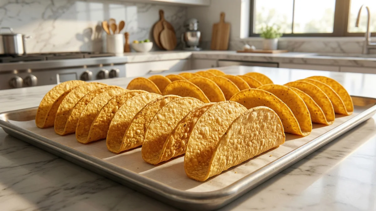 A baking sheet lined with parchment paper filled with perfectly baked, golden-brown crispy corn taco shells standing upright on a modern kitchen counter, demonstrating the viral flat-bottom taco hack.