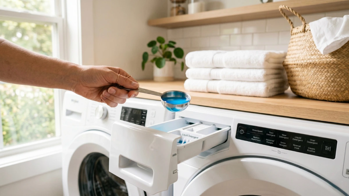 A person pouring exactly two tablespoons of blue liquid laundry detergent into a modern washing machine dispenser. This half-scoop laundry hack saves money and prevents mildew smell in HE washers.