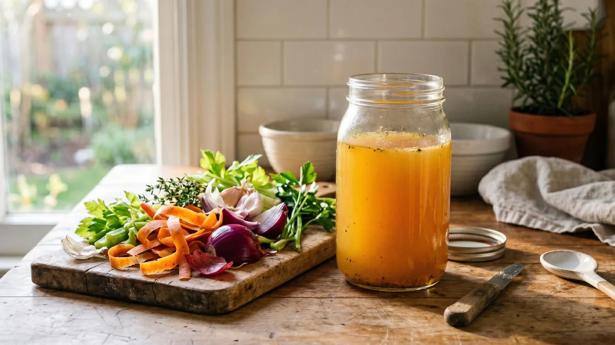 A glass mason jar filled with golden homemade vegetable broth sits on a rustic wooden kitchen counter next to a cutting board piled with fresh carrot peels, celery, and red onion scraps.