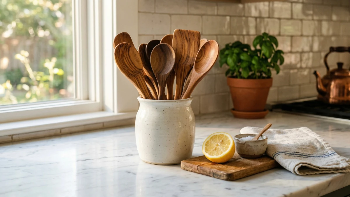 A collection of clean wooden spoons resting in a ceramic crock on a bright marble kitchen counter, next to a halved lemon and coarse sea salt for natural cleaning.
