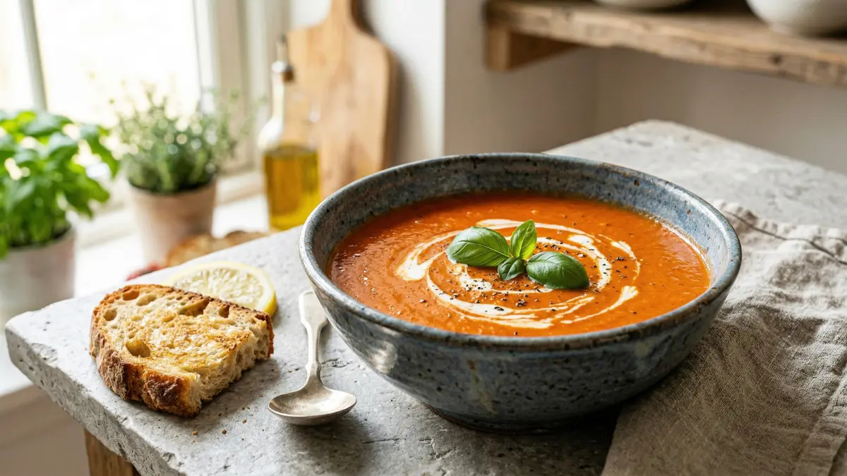 A professional shot of a creamy tomato basil soup with a swirl of cream, served with toasted sourdough bread on a rustic kitchen counter.