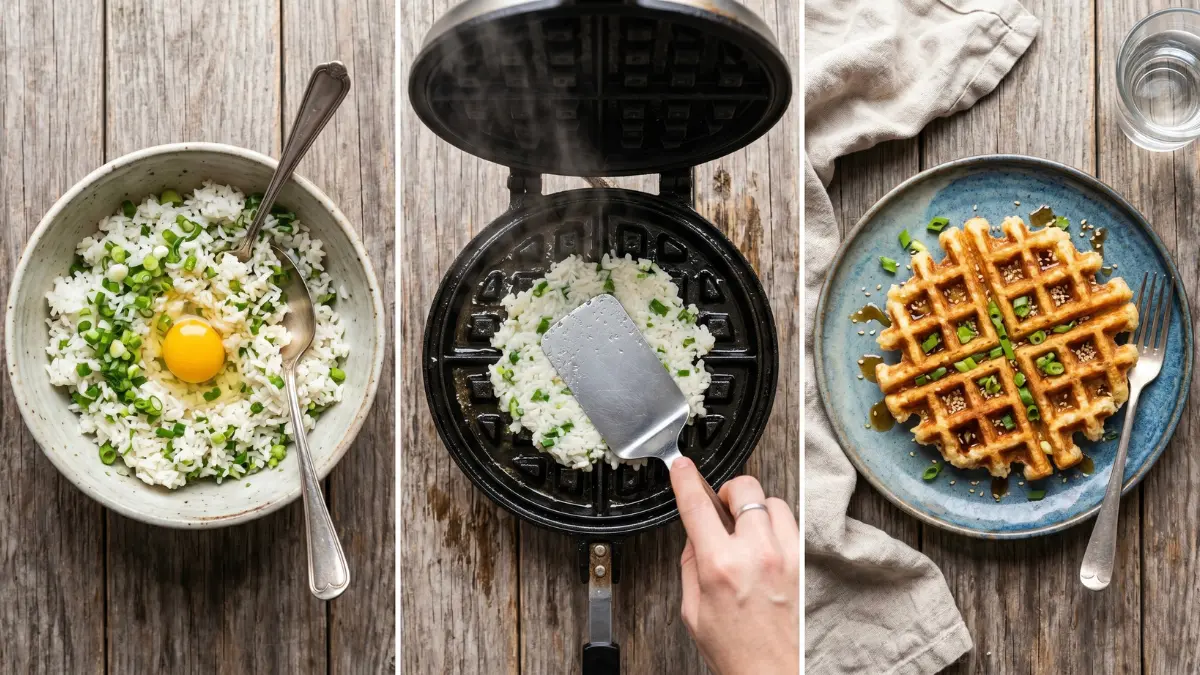 A three-panel collage showing the process of making a crispy leftover rice waffle. First panel shows rice mixed with scallions and egg in a bowl. Second panel shows pressing the mixture into a waffle iron. Third panel shows the finished golden waffle on a blue plate.
