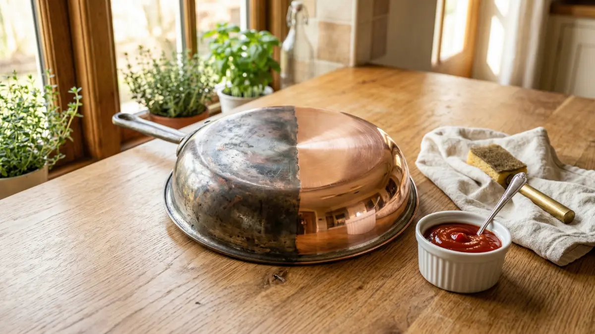 A copper-bottom frying pan split in half, showing a dull tarnished side and a shiny restored side, sitting on a wooden kitchen counter next to a bowl of ketchup and a cleaning cloth.