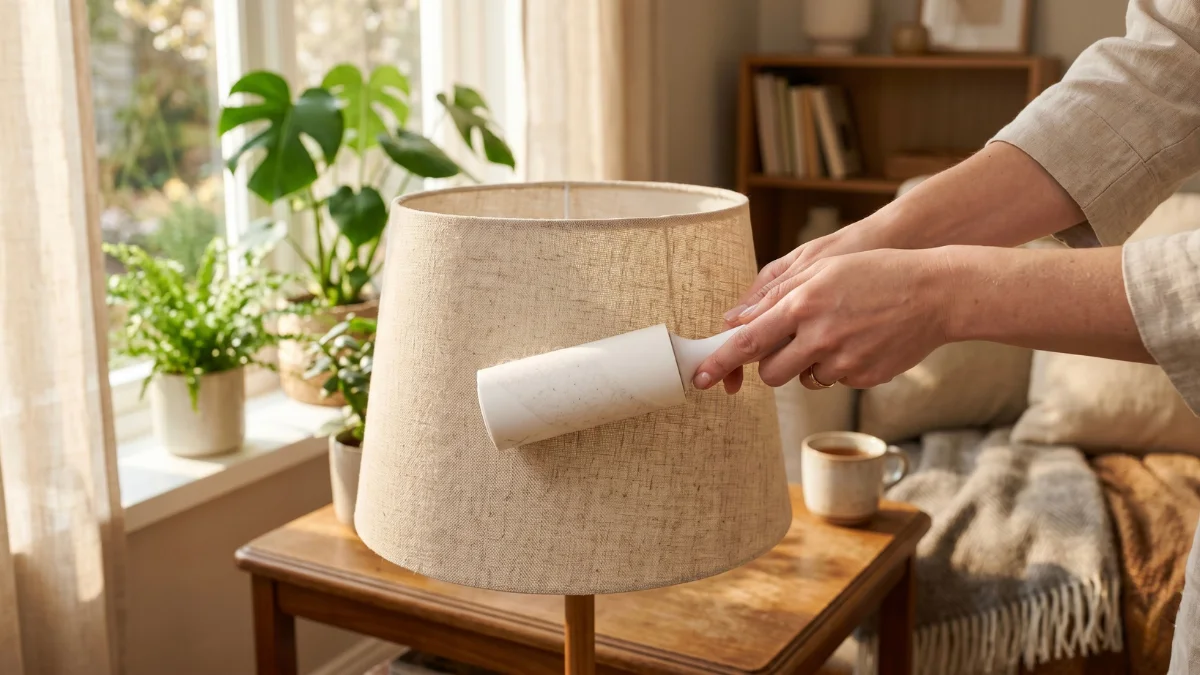 Woman's hands using a sticky white lint roller to clean dust off a beige linen lampshade in a sunlit, cozy living room.