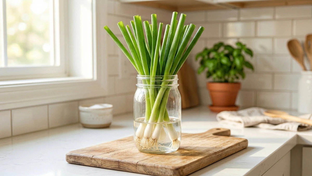 Crisp spring onions standing upright in a clear glass mason jar with their white roots in shallow water, sitting on a wooden cutting board in a bright, modern kitchen.
