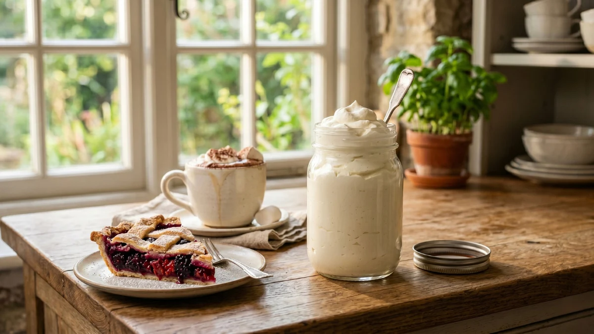 A rustic kitchen scene featuring a glass mason jar filled with thick, fluffy homemade whipped cream, sitting on a wooden table next to a slice of berry pie and a mug of hot cocoa.