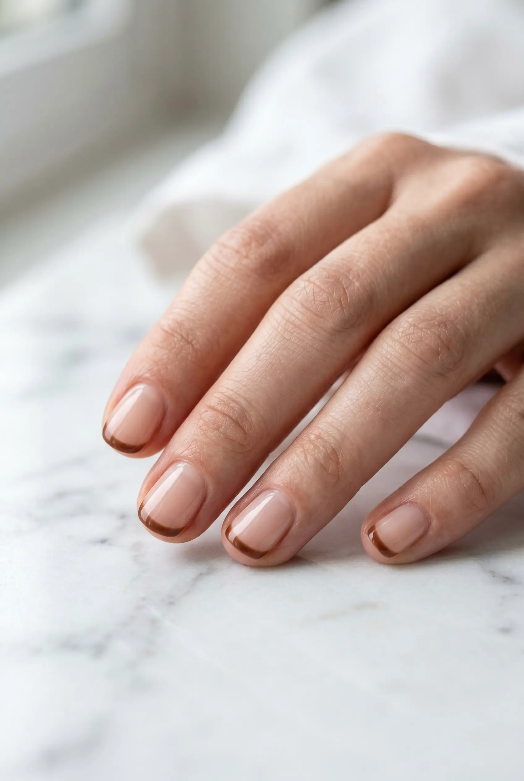 Clean short natural nails featuring a thin cocoa brown French tip resting on a bright white marble surface.