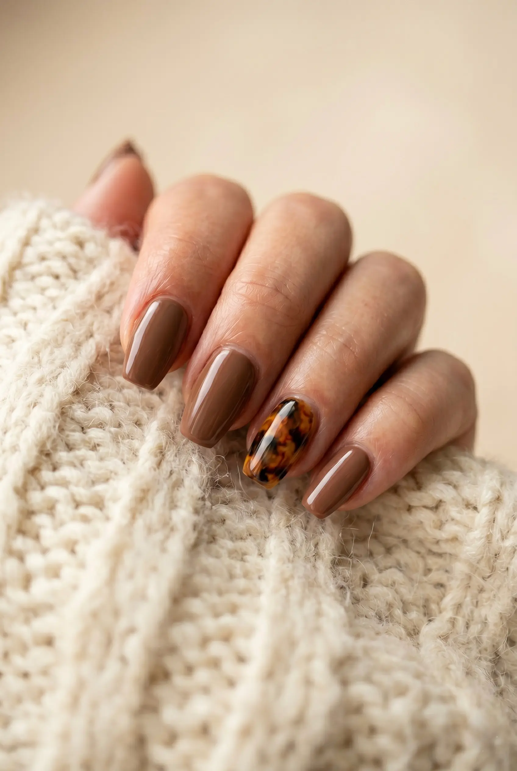 Warm mocha brown coffin nails with a stylish tortoiseshell pattern on the ring finger.