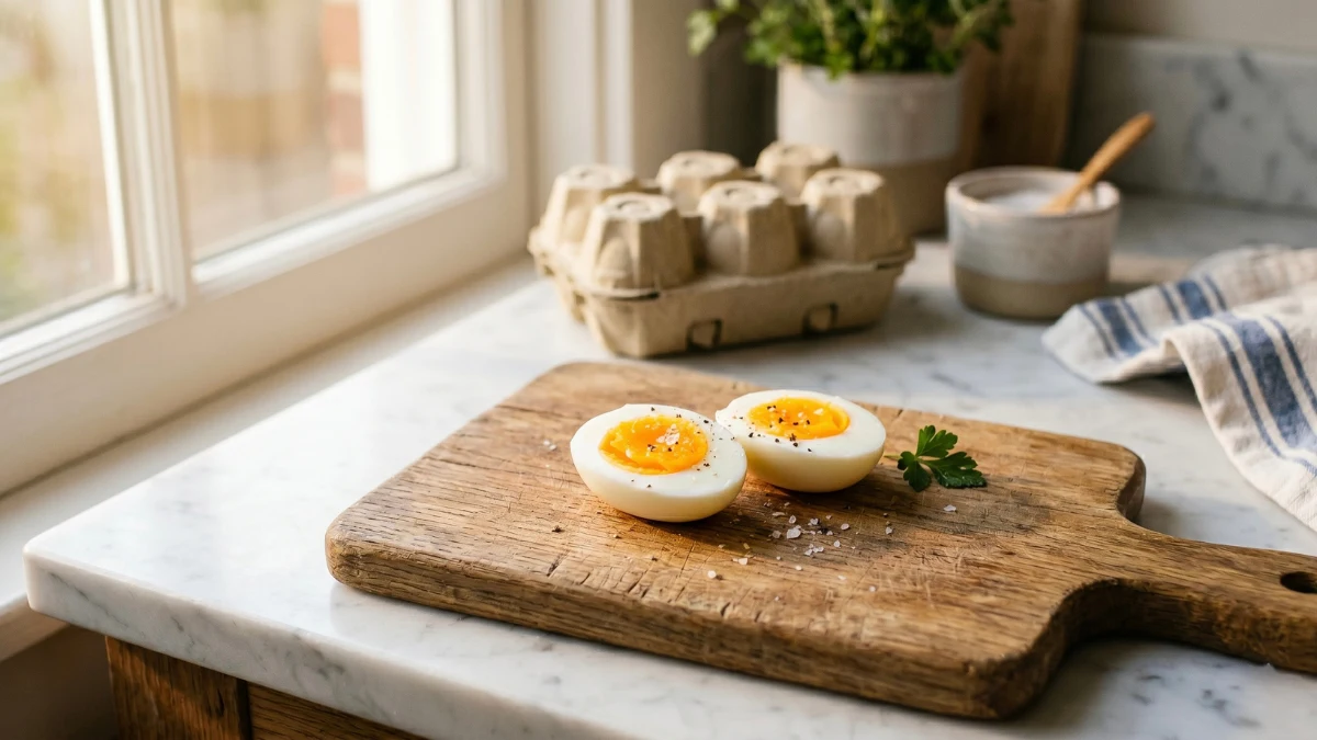 Two halves of a perfectly boiled egg with centered yolks resting on a rustic wooden board, with an upside-down egg carton in the background on a marble kitchen counter.