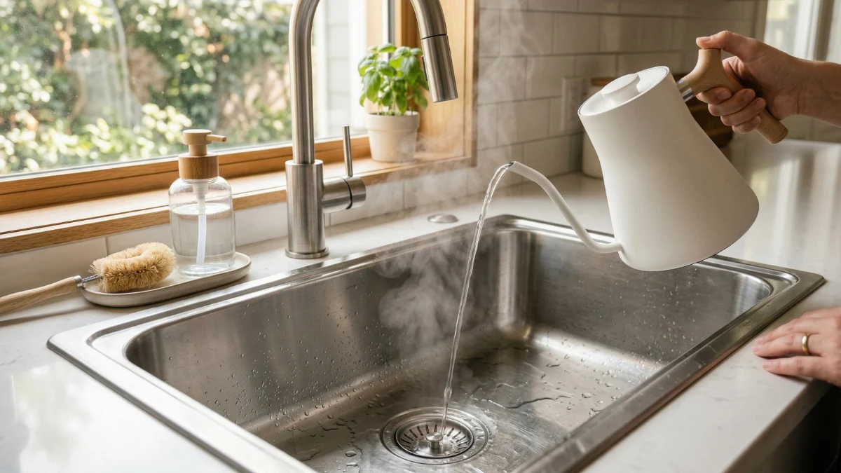 A person pouring steaming boiling water from a modern white kettle into a clean stainless steel kitchen sink drain to naturally prevent clogs.