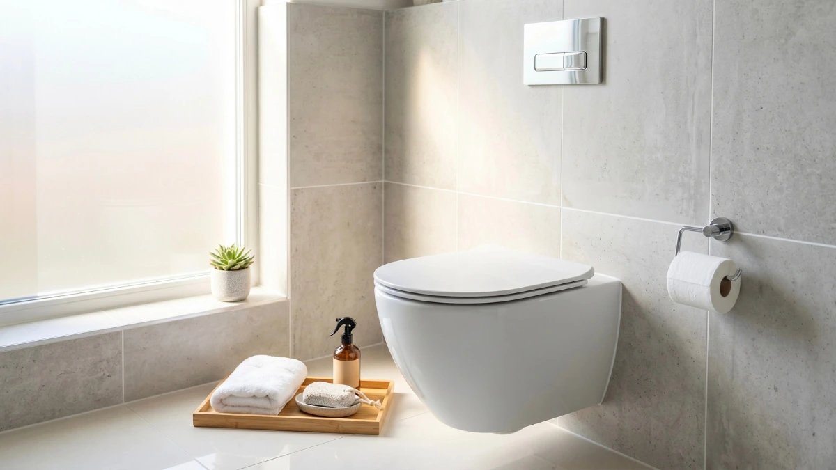 A sparkling clean white wall-mounted toilet in a sunlit bathroom. A bamboo tray on the floor holds a folded white towel, a glass spray bottle, and a pumice stone used for removing hard water stains.