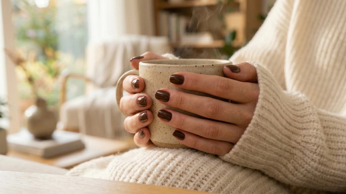 Close-up of a woman wearing a cozy cream knit sweater holding a warm ceramic mug, showcasing short, clean, and nicely manicured nails painted in a glossy chocolate espresso brown polish.
