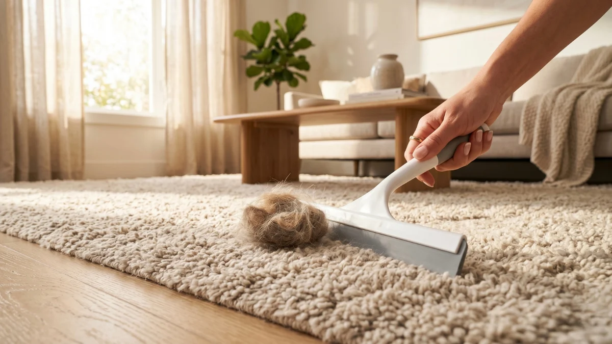 A person's hand using a rubber window squeegee on a fluffy area rug to easily remove a thick clump of gathered pet hair and dust.