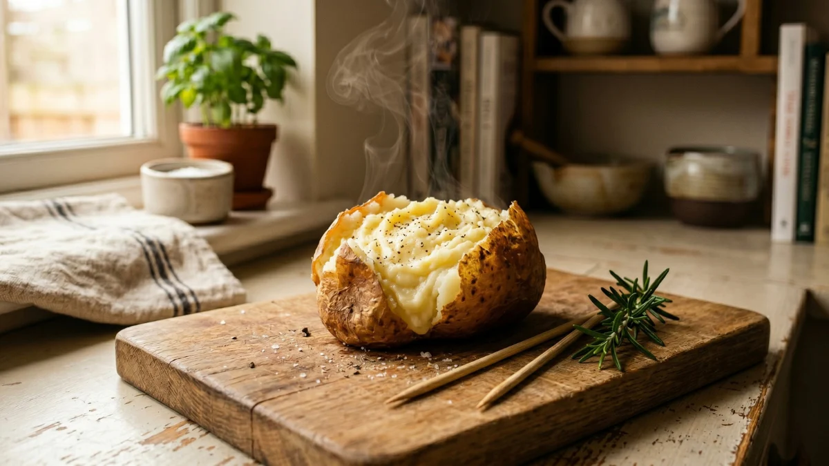 A hot, steaming baked potato split open on a rustic wooden cutting board, with wooden skewers and fresh rosemary next to it in a cozy sunlit kitchen.