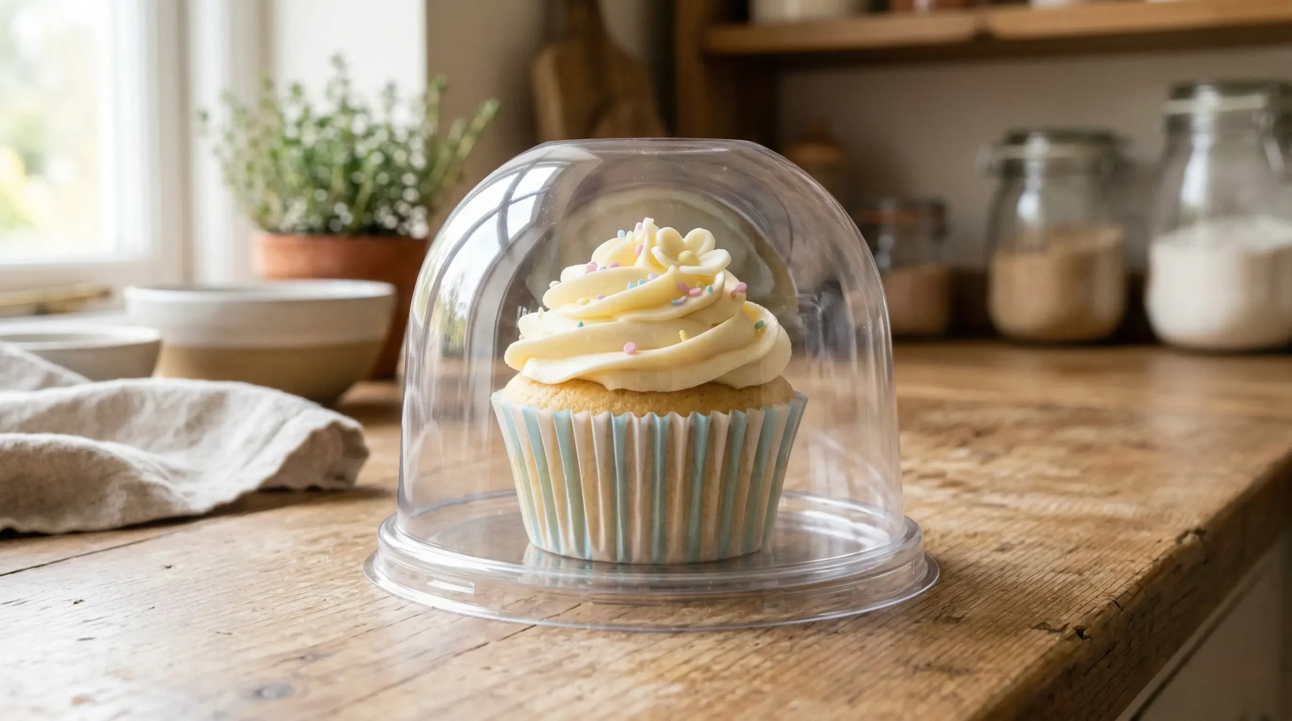 A frosted vanilla cupcake perfectly preserved on the flat lid of a clear plastic food container, with the container body turned upside down over it like a protective dome.
