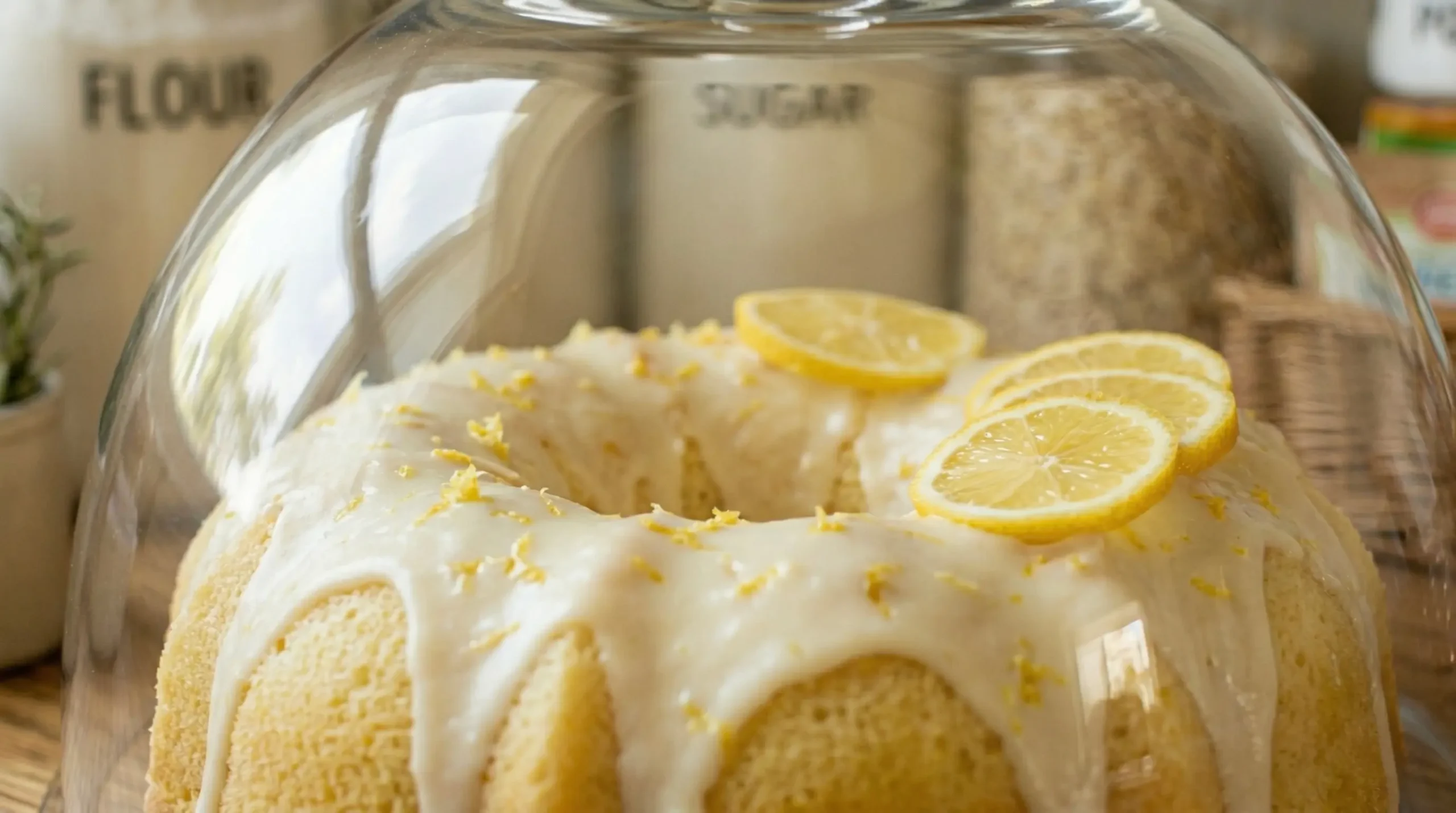A close up of a delicious lemon bundt cake with white icing and fresh lemon slices, covered by an upside-down clear glass bowl serving as a protective dome.