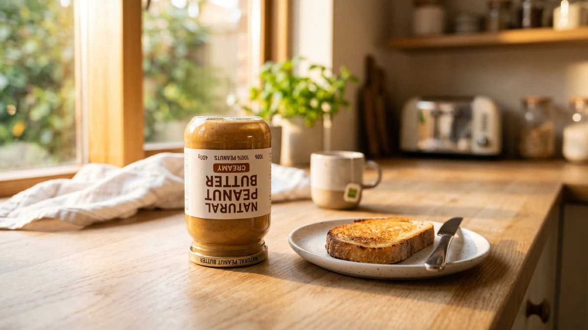 A jar of natural peanut butter stored upside down on a sunlit wooden kitchen counter next to a piece of toast, illustrating a clever hack to stop oil separation.