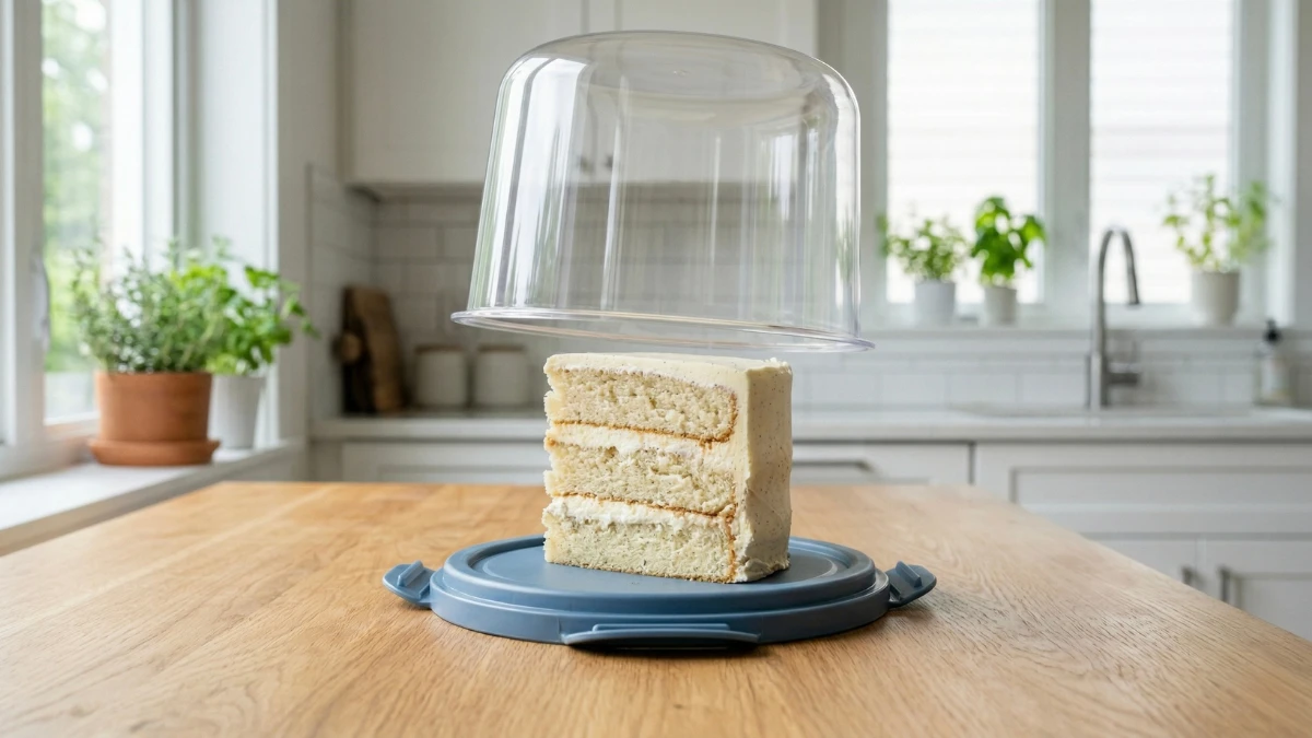 A slice of vanilla layer cake sitting on the flat blue lid of a food storage container, with the clear container body hovering just above it to seal it in a bright modern kitchen.