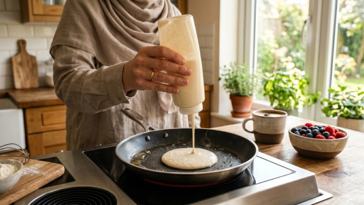 A person pouring pancake batter from a clear plastic squeeze bottle directly into a frying pan. A mess-free breakfast hack in a cozy, sunlit kitchen with coffee and fresh berries in the background.