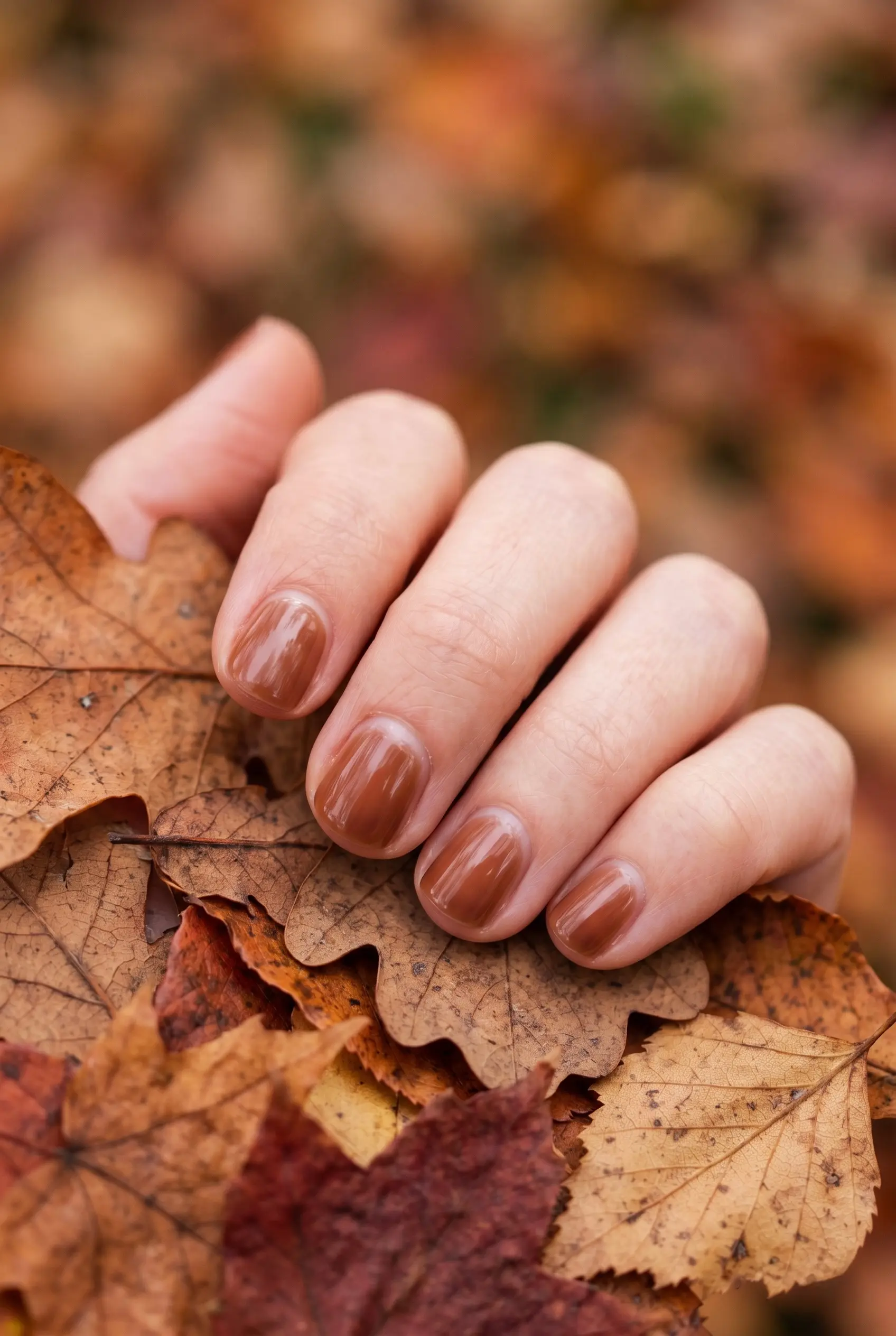 Close-up of clean short nails with a sheer chestnut brown tint resting on dried autumn leaves.