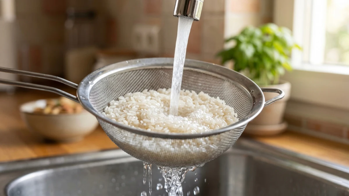 A close-up view of uncooked white rice being rinsed in a metal fine-mesh strainer under cold running tap water in a modern kitchen setting.