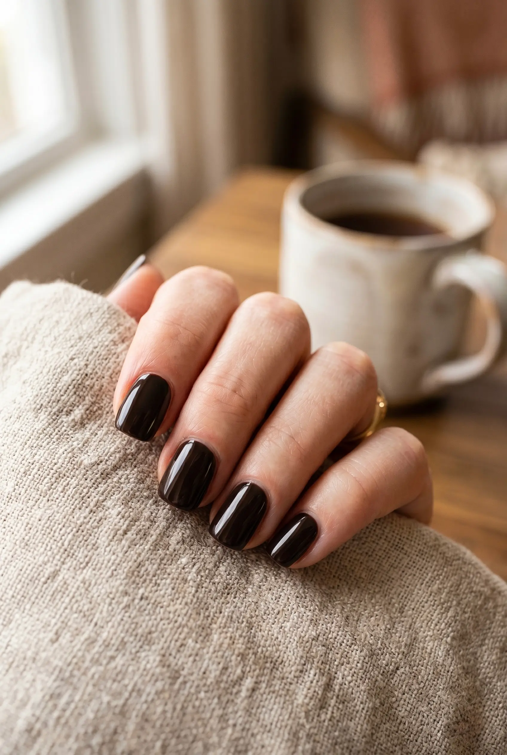 A close-up of glossy deep espresso brown nails on a hand resting on light beige linen fabric next to a coffee cup.