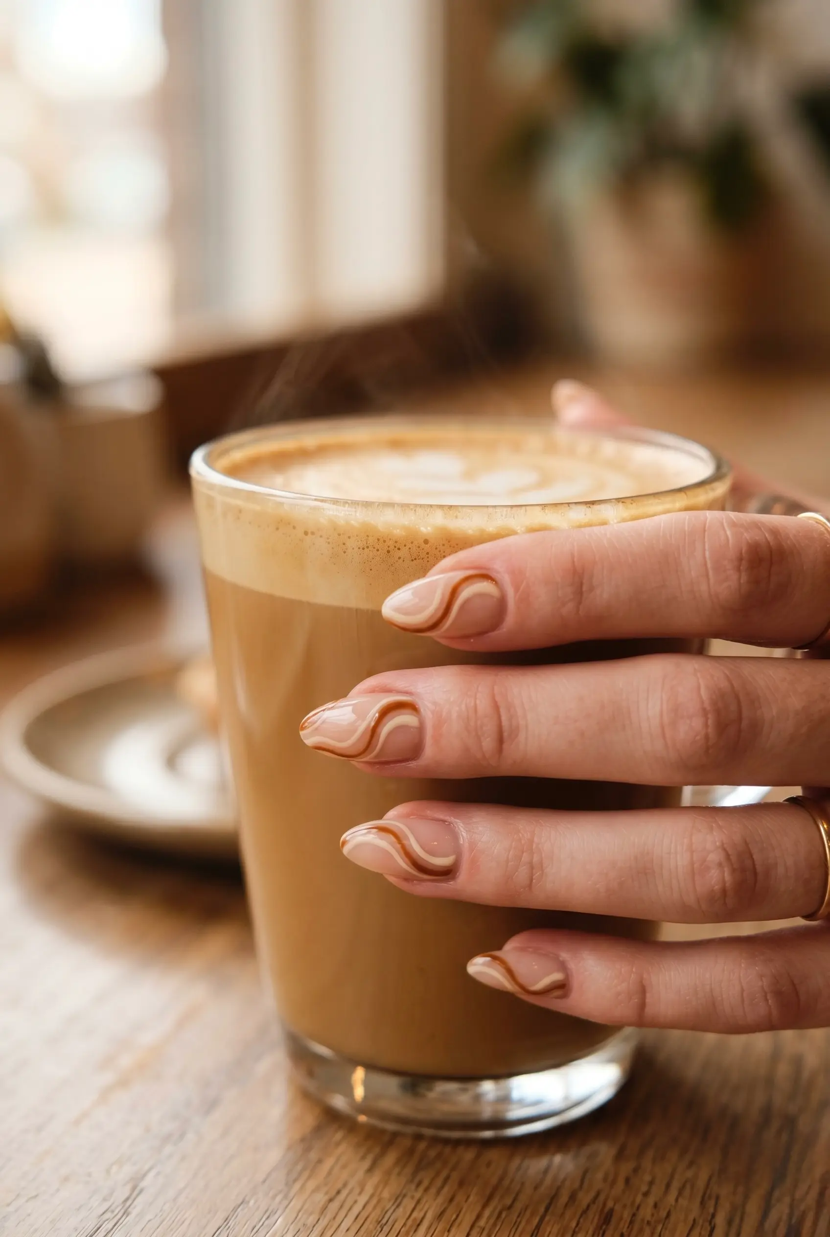 Close-up of a hand holding a clear glass cup of latte, featuring elegant caramel and cream swirl patterns on neutral nails.