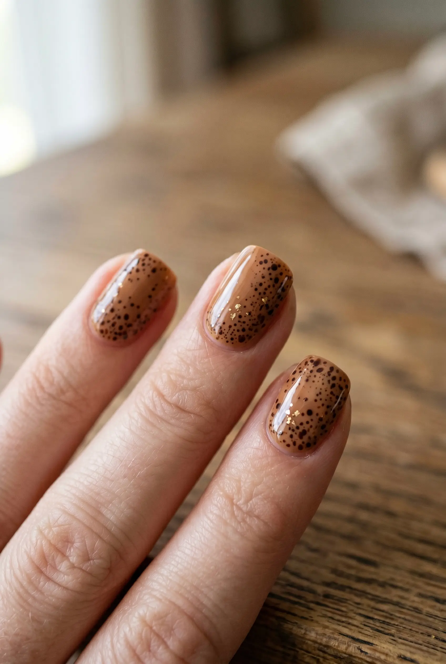 Close-up of three square nails featuring a warm caramel base with tiny dark espresso spots and fine matte gold foil accents.