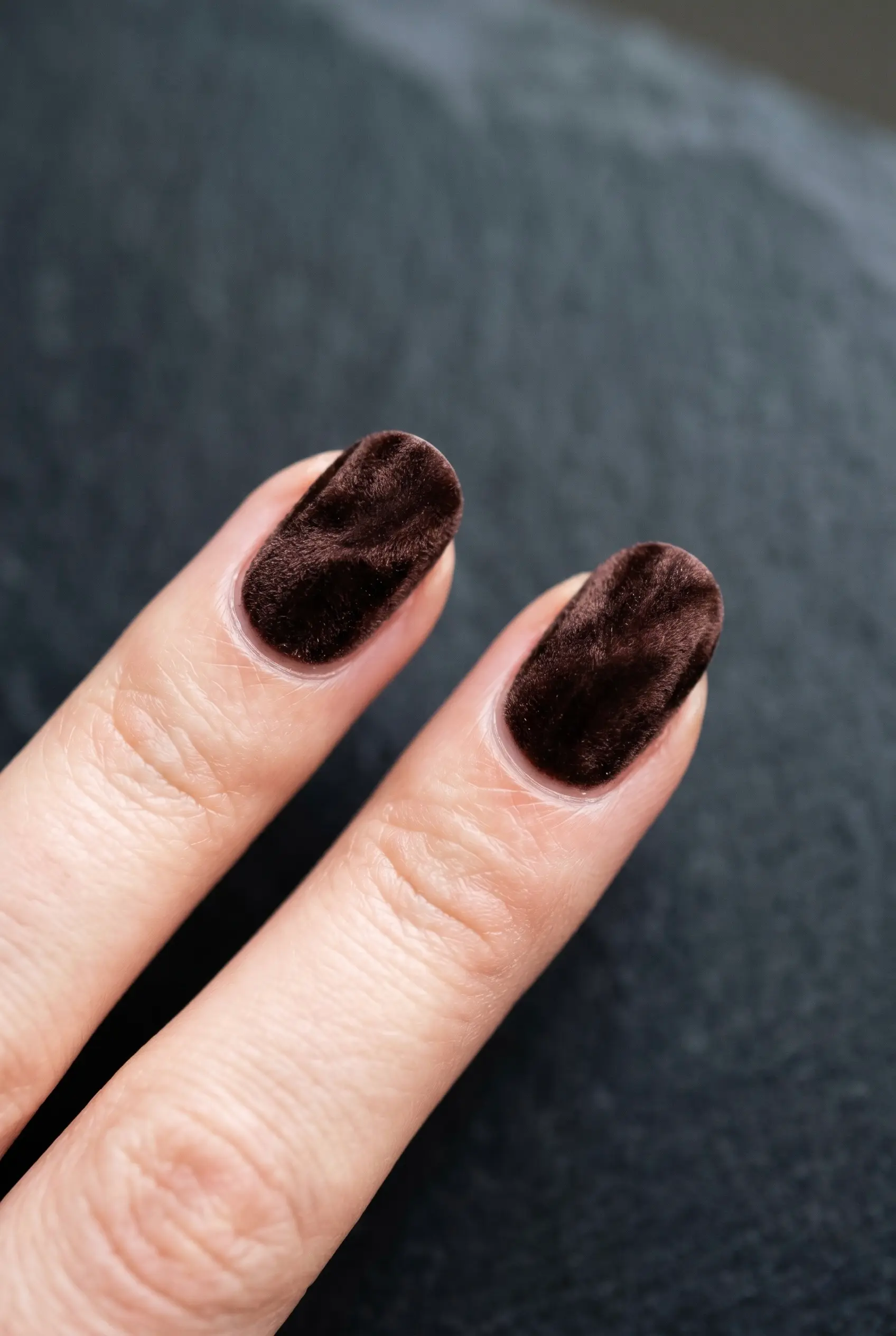 A macro shot of two nails with a magnetic velvet effect in deep cocoa brown, reflecting a plush three-dimensional texture against a dark stone.