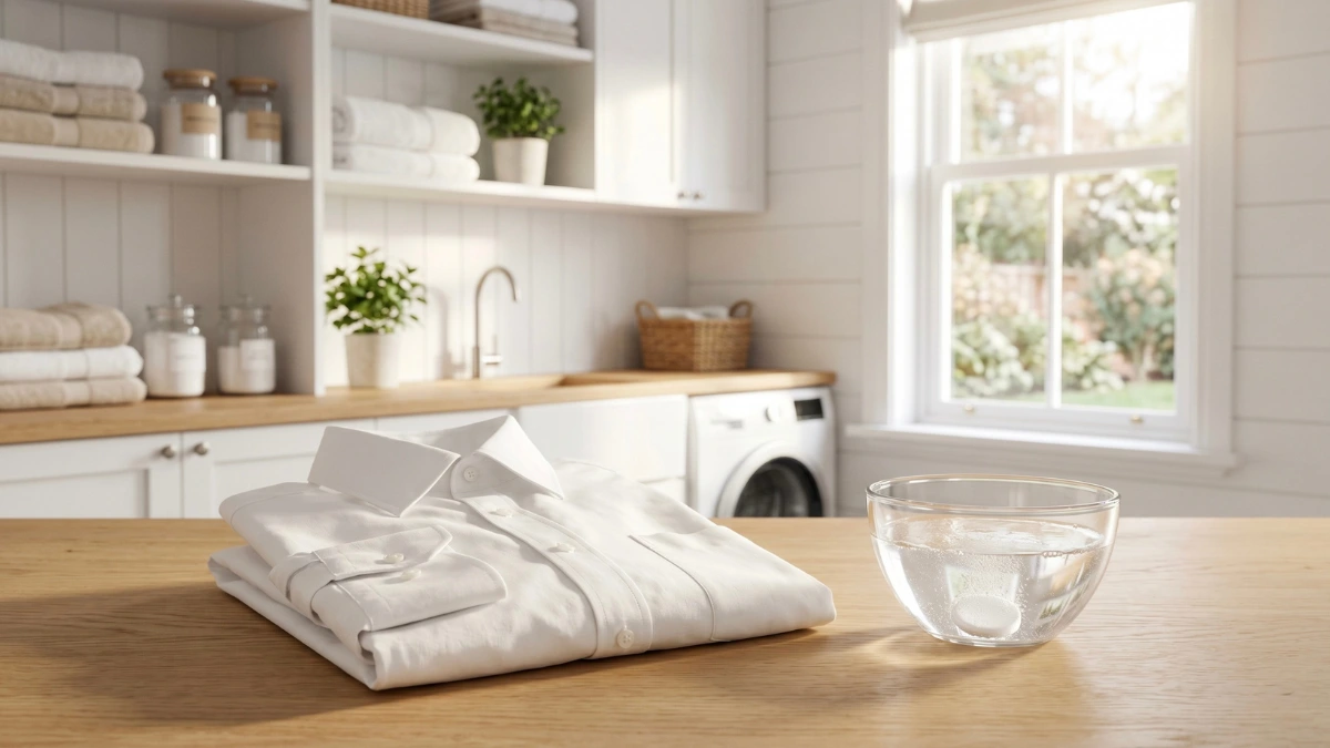 A pristine folded white cotton shirt on a light oak wooden countertop next to a clear glass bowl with a dissolving aspirin tablet in a bright, sunlit laundry room.