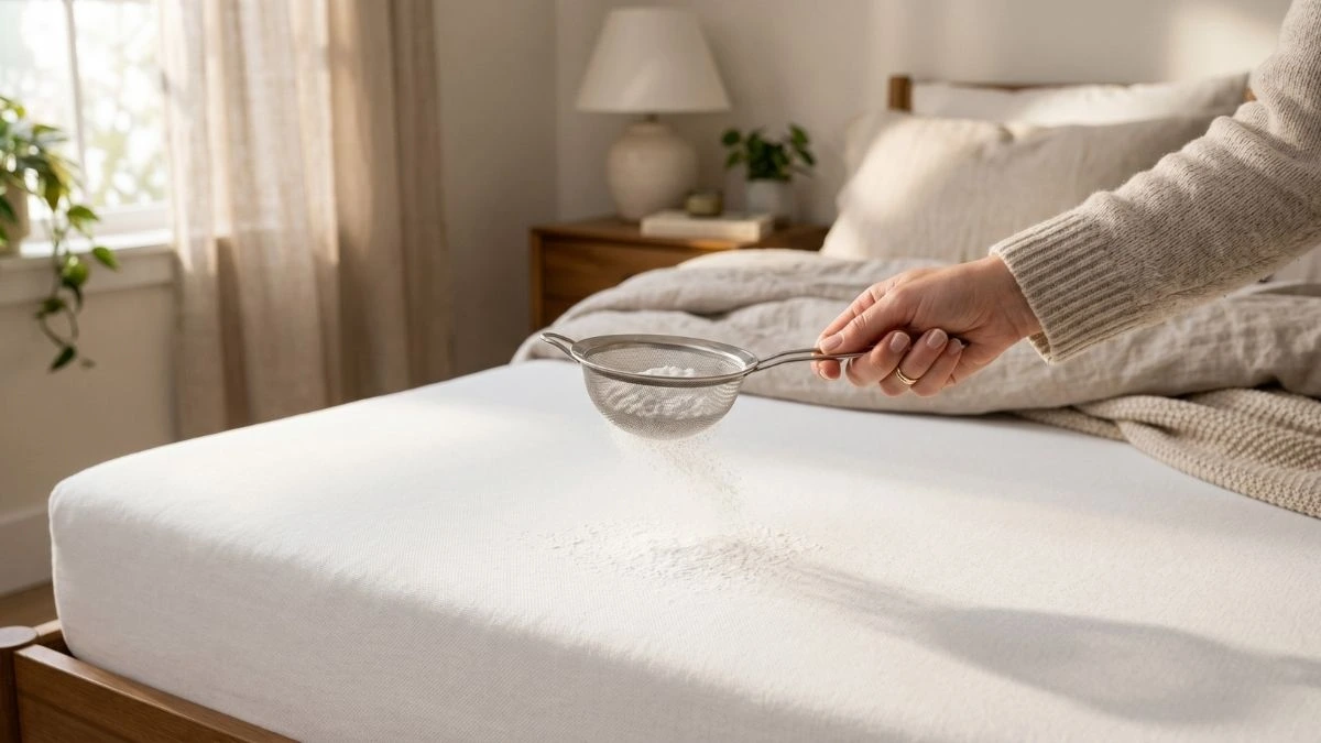 A person's hand sifting baking soda through a metal mesh strainer onto a white mattress in a cozy, sunlit bedroom.