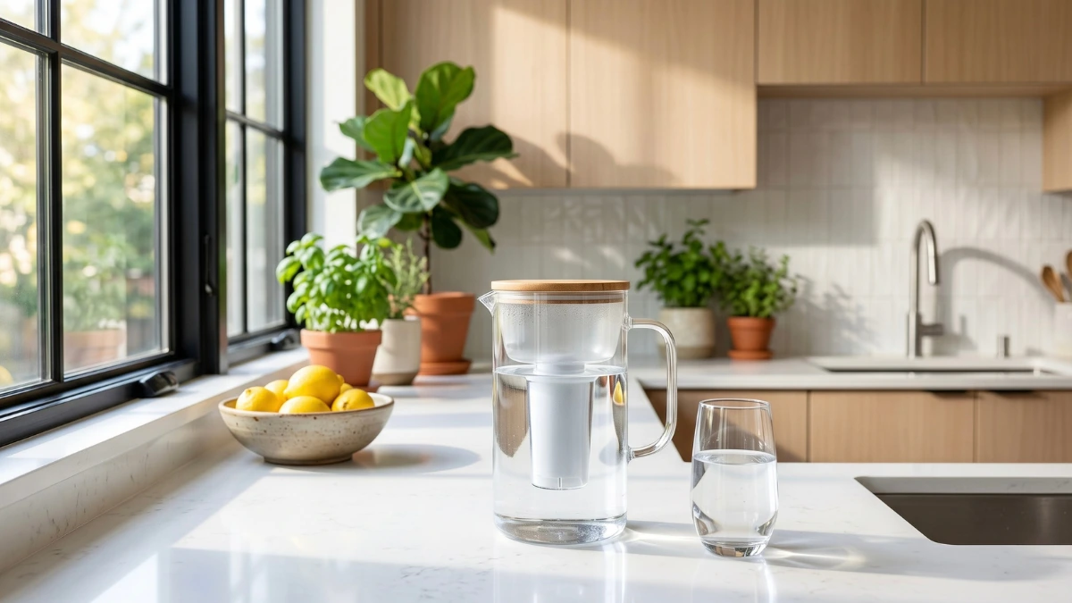 A sleek glass water filter pitcher and a modern drinking glass filled with purified water on a bright kitchen countertop, surrounded by fresh lemons and green plants.