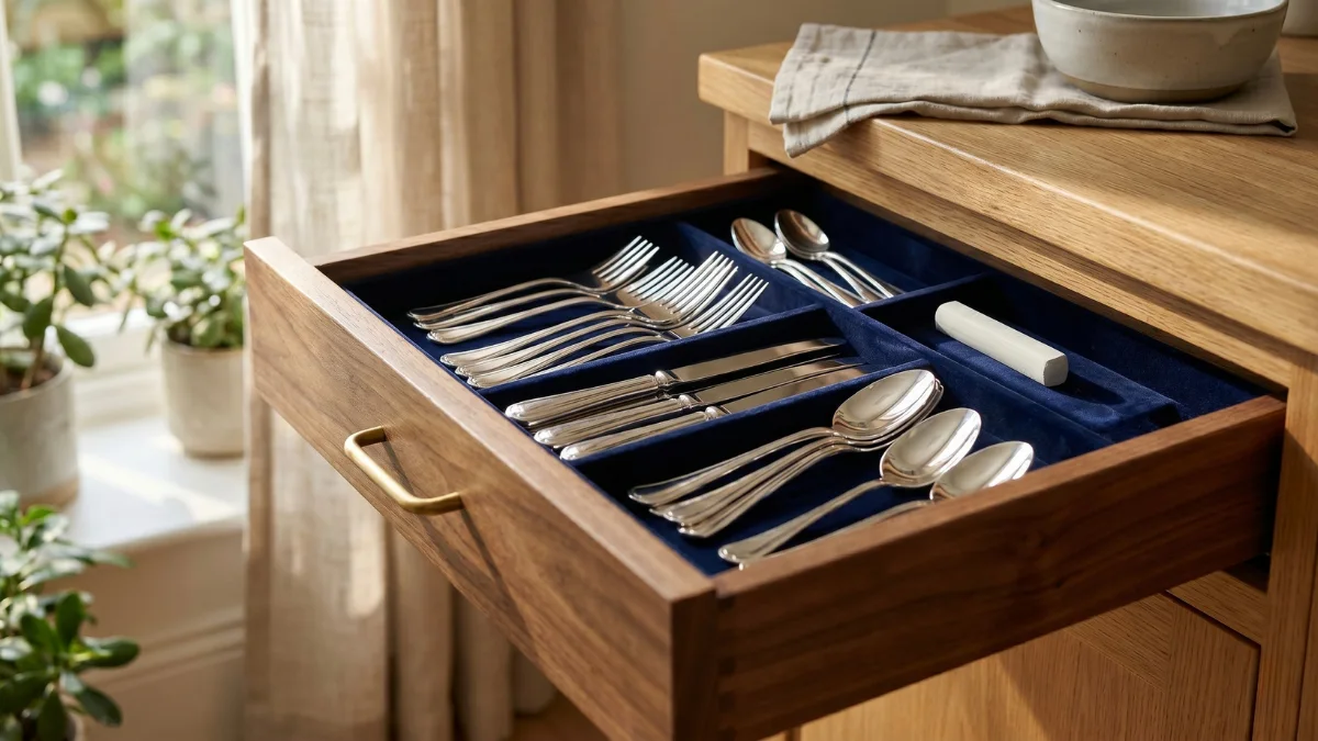 An open wooden drawer lined with navy blue velvet, containing neatly organized, gleaming silver flatware and a single piece of white chalk used as a natural desiccant to prevent tarnishing.