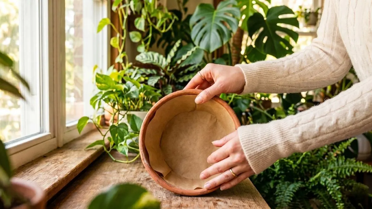 A close-up of a person's hands placing a solid brown paper coffee filter at the bottom of an empty terracotta pot. The filter covers the drainage hole to prevent potting soil from washing out.