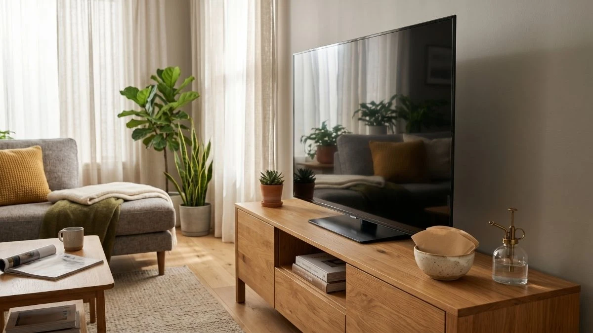 A perfectly clean and glossy flat-screen TV on a modern wooden stand, with a ceramic bowl of coffee filters and a glass misting bottle nearby, demonstrating a brilliant dust-prevention home hack.