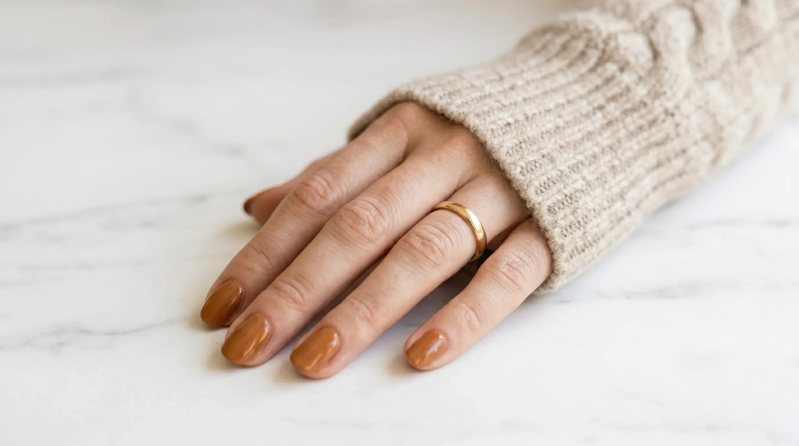 A beautifully composed landscape image showing a hand with a plain gold wedding band and warm caramel nails resting on a white marble surface, wearing a beige cable knit sweater.
