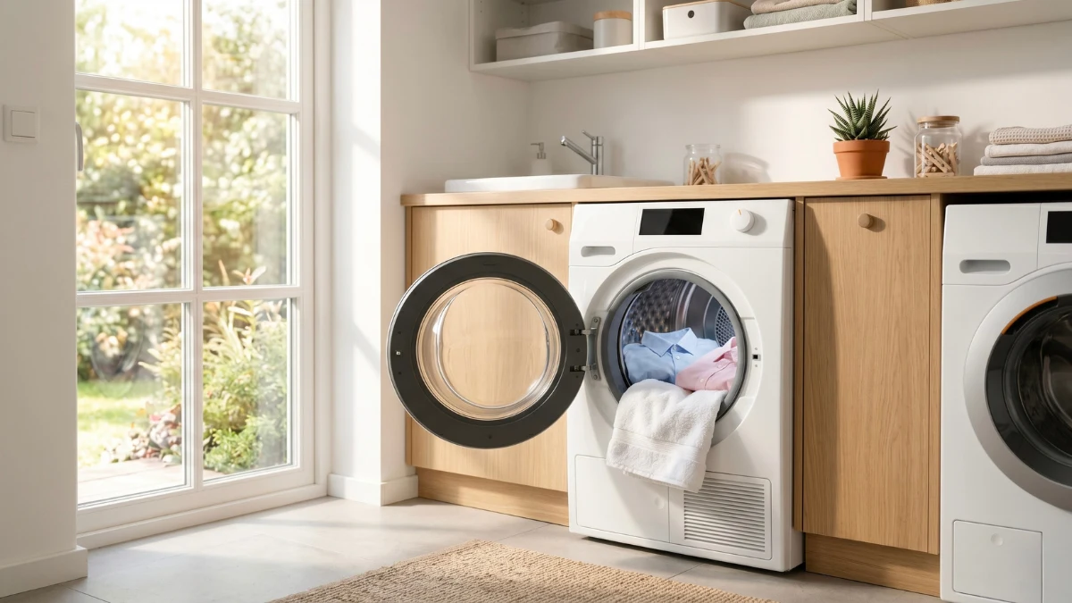 A bright modern laundry room showing an open white tumble dryer. A white hand towel and pastel colored shirts are resting inside the dryer drum, demonstrating the damp washcloth wrinkle removal hack.