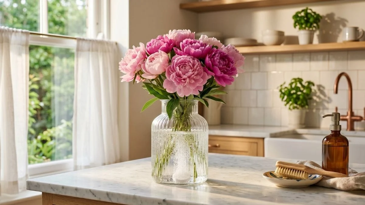 A ribbed glass vase filled with fresh pink peonies on a kitchen counter, with a denture tablet fizzing at the bottom to keep the water clean and clear.