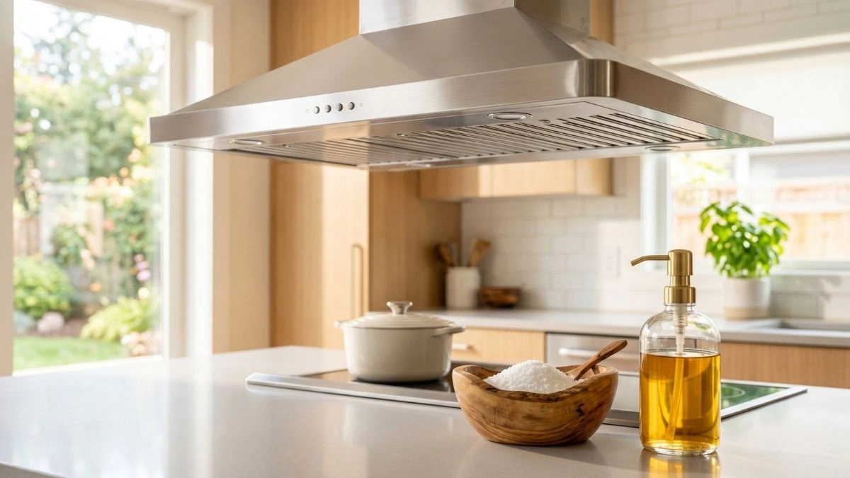 A sparkling clean stainless steel range hood in a bright modern kitchen, with a wooden bowl of salt and golden dish soap on the counter.