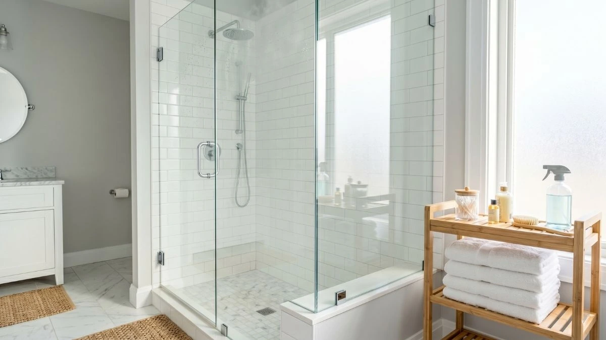 A bright, modern bathroom featuring sparkling clean glass shower doors and a bamboo caddy holding white towels and a spray bottle of DIY dish soap and vinegar cleaner.