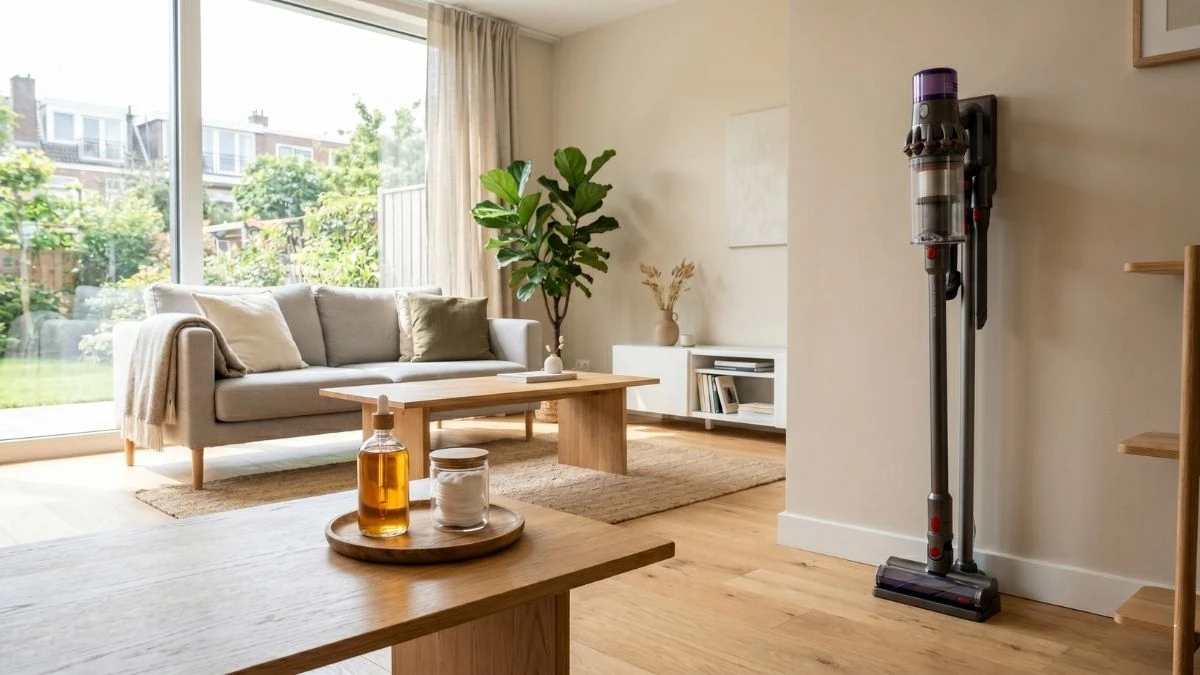 A modern, bright living room featuring a stick vacuum leaning against a wall, with a jar of cotton balls and a bottle of essential oil resting on a wooden coffee table in the foreground.