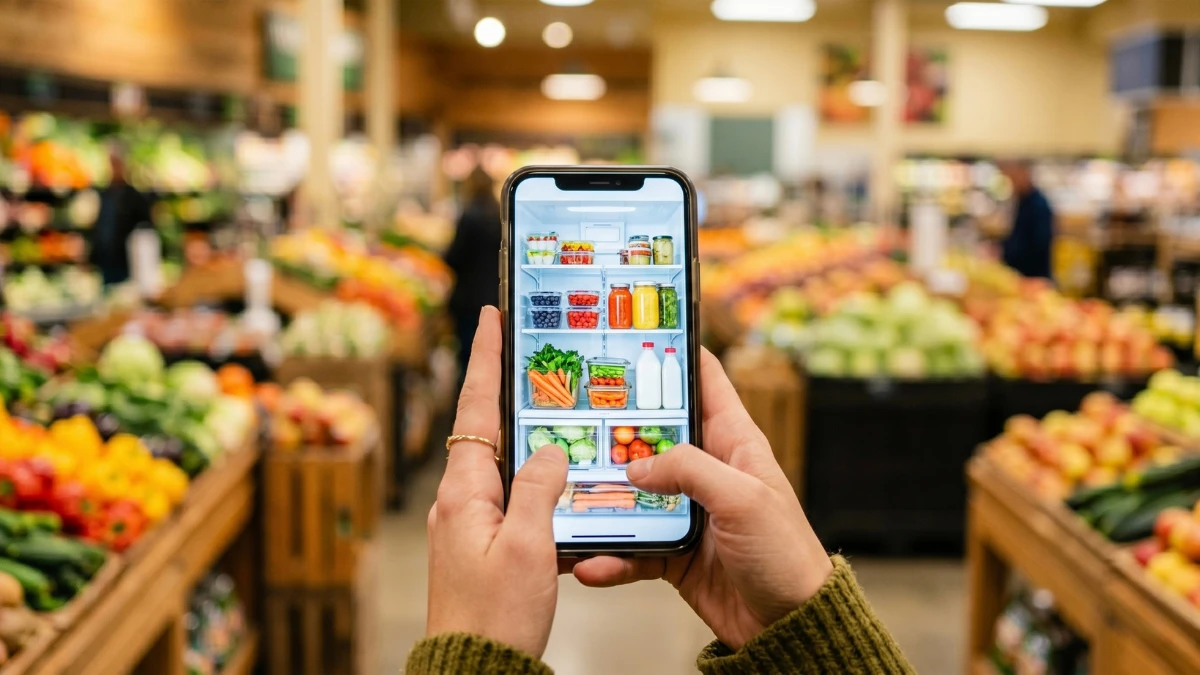 Person in a blurred grocery store holding a smartphone, looking at a photo of their open refrigerator inventory on the screen.
