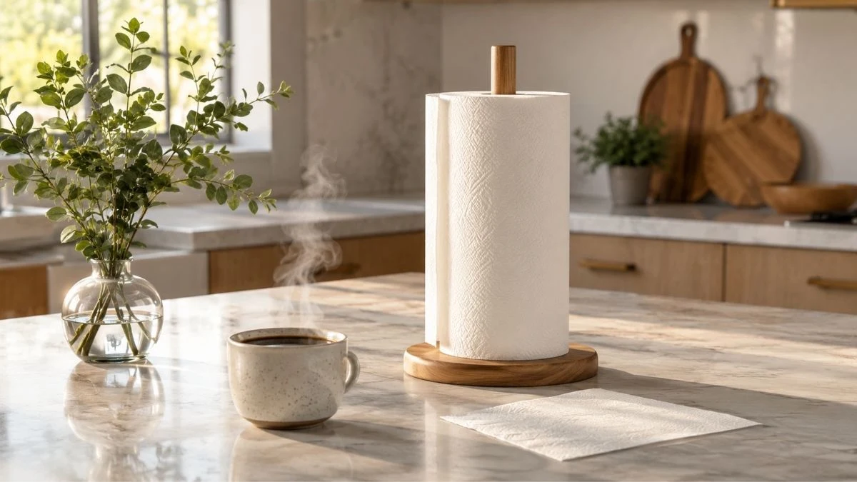 A modern, sunlit kitchen counter featuring a steaming cup of coffee and a wooden paper towel holder with a premium roll, illustrating the money-saving half-sheet paper towel hack.
