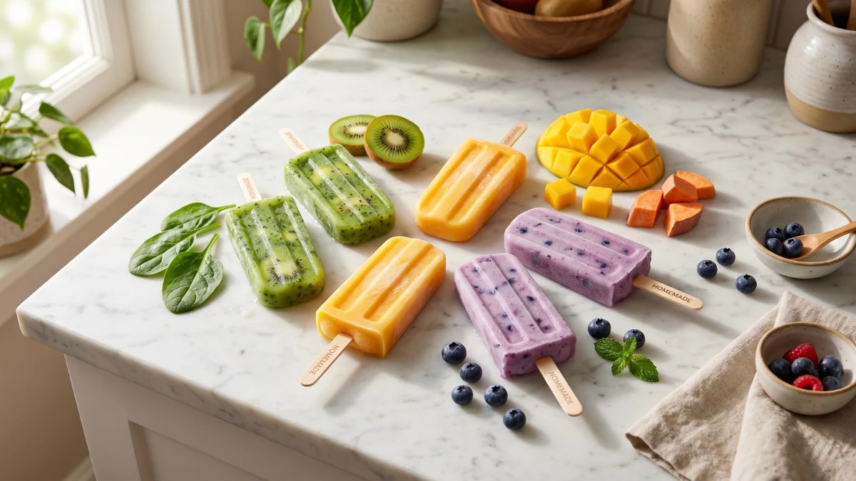 Vibrant homemade fruit and vegetable popsicles on a marble counter with fresh spinach, mango, sweet potato, and blueberries.
