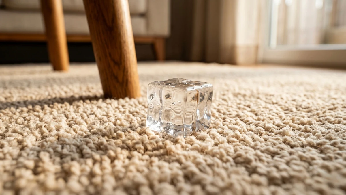 A close-up of a clear ice cube melting on a thick beige carpet next to a wooden furniture leg, demonstrating the overnight hack to remove furniture dents.