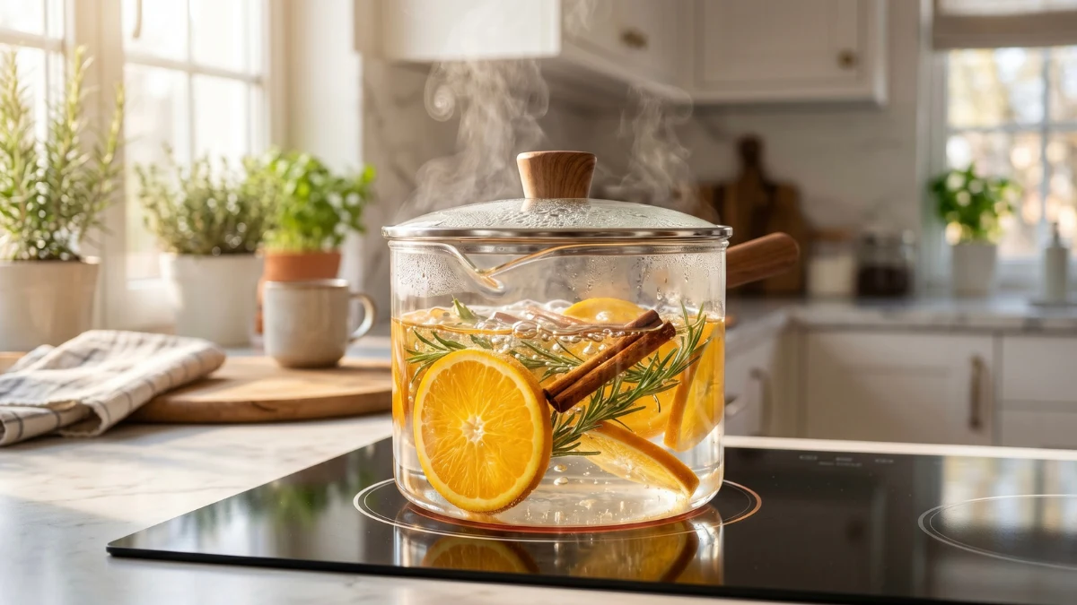 A clear glass simmer pot on a modern stovetop filled with boiling water, orange slices, cinnamon sticks, and rosemary, creating a natural home fragrance.