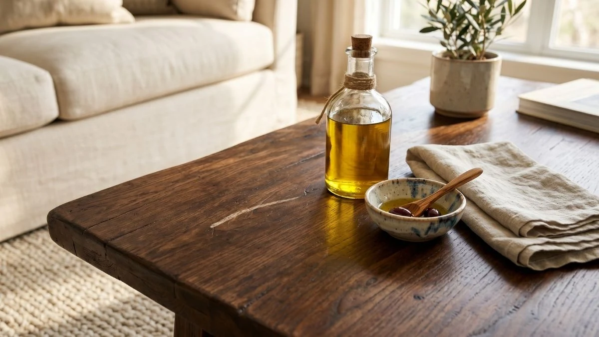 A glass bottle of olive oil, a small bowl, and a folded soft cloth placed next to a visible scratch on a dark wood coffee table.